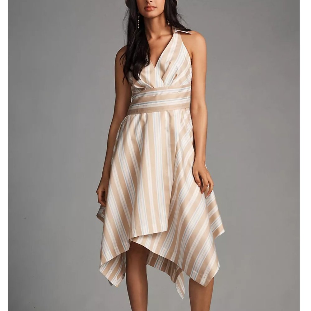 Anthropologie Maeve Asymmetrical Wrap Shirt Dress Neutral Stripe - Size 6